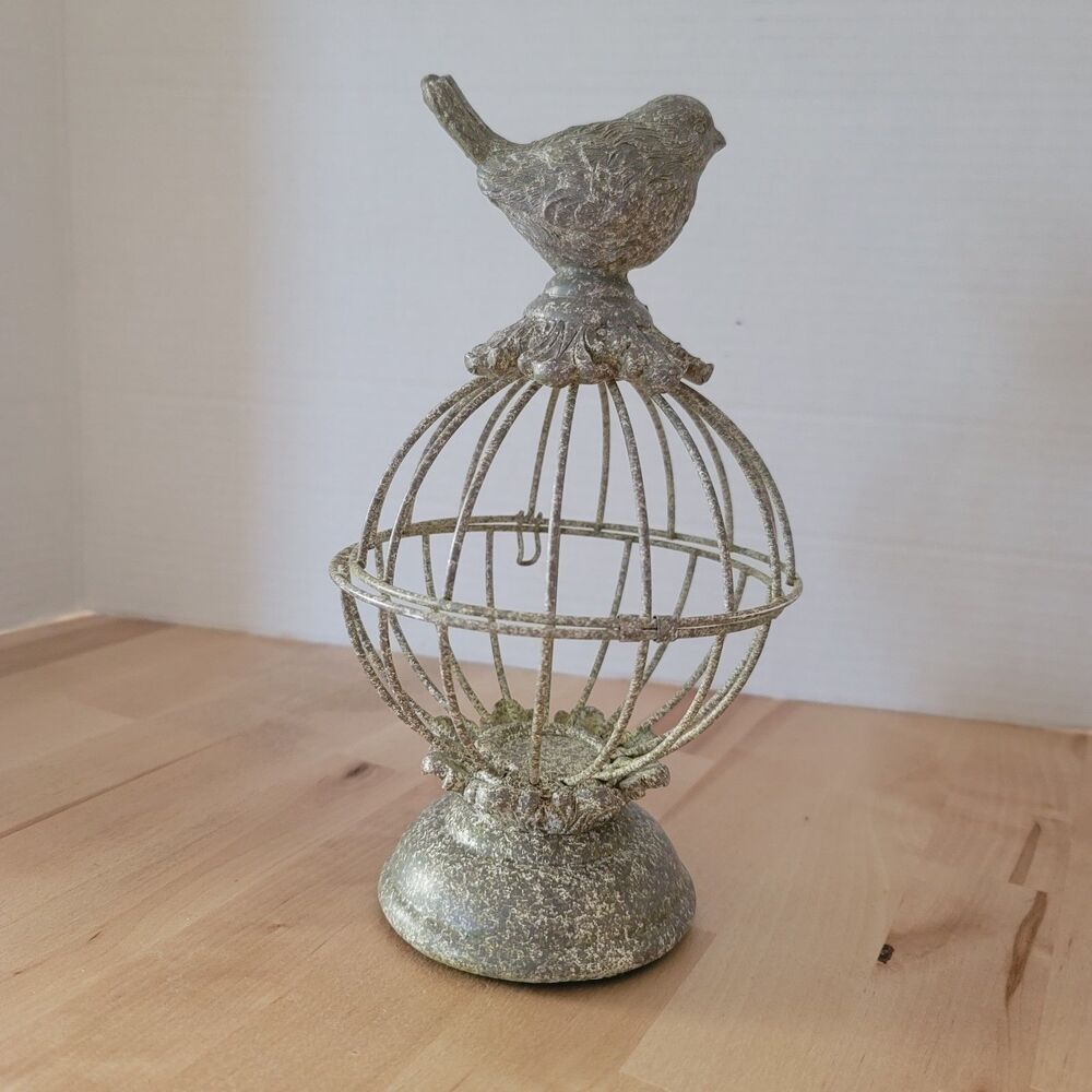 Decorative Metal Bird Cage Rustic Gray White Table Decor Hinged French Cottage